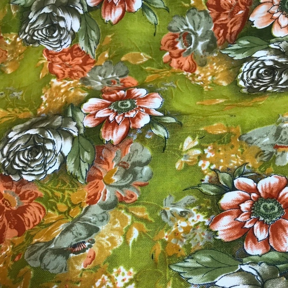 Vintage 70s Floral‎ Fabric 9 Yards x 40" Retro Orange Green Rose Daisy Print